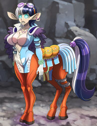  black_hair centaur earrings exposed_chest eyebrows_visible_through_hair glowing_eyes goggles goggles_on_head hooves horse_girl huge_breasts multicolored_hair one_piece saddle speed_(one_piece) spiral_eyes standing standing_at_attention tail white_hair zipper zorro-zero 