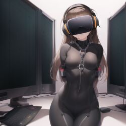  0_(generator) ai_art arms_behind_back bodysuit bondage brown_hair chains corruption expressionless female_only femsub headphones long_hair novelai_(ai) rubber sitting small_breasts solo tech_control visor 