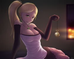 blonde_hair breasts dress earrings female_only femdom gloves green_eyes jewelry large_breasts leaning_forward lip_biting long_hair looking_at_viewer necklace opera_gloves original pendulum pocket_watch pomhub ponytail pov pov_sub zko
