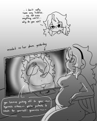  chubby consensual female_only femsub headphones himesamamimi large_breasts long_hair masturbation monochrome original pendulum self_hypnosis solo spiral_eyes sweat text 