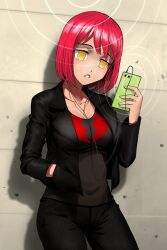  amber_(spiral_clicker) black_leather cell_phone chien_vietnam clothed earbuds empty_eyes female_only femsub hypnotic_accessory jacket phone red_hair solo spiral_clicker tech_control yellow_eyes 