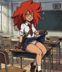  ai_art classroom clothed female_only femsub fingerless_gloves gloves happy_trance looking_at_viewer nomad_of_nowhere panties red_hair school_uniform shirt shoes sitting skirt skirt_lift skout smile socks solo spiral spiral_eyes spiralwash_eyes tie white_panties zupern0va_(manipper) 