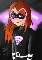  absurdres alya_cesaire brown_hair corruption costume linkinmuser lipstick mask miraculous_ladybug mole red_hair simple_background smile super_hero 