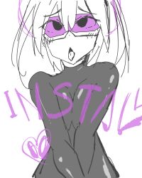  bangs black_eyes blush bodysuit brain_drain breast_press cables crossed_eyes greyscale latex love minaiross open_mouth original rubber short_hair sketch tech_control text tongue tongue_out twintails visor white_background white_hair wires 