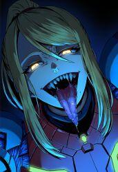  accidental_hypnosis armor assertive_sub aura blonde_hair blue_background corruption drool evil_smile eyelashes fangs female_only femsub glowing glowing_eyes gradient_background happy_trance imminent_vore long_hair long_tongue looking_at_viewer metroid_(series) mole monster_girl msdoodle nintendo open_mouth ponytail samus_aran simple_background smile solo transformation yellow_eyes 