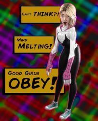  3d absurdres ahegao bent_over bimbofication blender blonde_hair brain_drain comic eye_roll femsub freckles gwen_stacy hanging_down happy_trance marvel_comics saltygauntlet sleepy sneakers spider-gwen spider-man_(series) super_hero text tight_clothing tongue_out unaware 