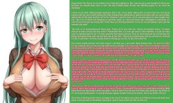  blush breasts caption caption_only cleavage english_text female_only femdom green_eyes green_hair huge_breasts hypnotic_breasts kantai_collection long_hair looking_at_viewer makemeyours_(manipper) male_pov manip mass_hypnosis no_bra pov_sub school_uniform simple_background smile suzuya_(kantai_collection) tapisuke text white_background 
