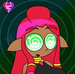  aged_up alternate_costume bare_shoulders drool elf_ears eyebrows_visible_through_hair femsub gerudo green_background green_eyes hypnoscream large_breasts makeela_riju nintendo open_mouth red_hair ring_background shiny_hair solo spiralwash_eyes tears_of_the_kingdom the_legend_of_zelda tied_hair watermark 