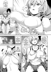  breasts brother_and_sister comic date dazed drool empty_eyes expressionless femsub greyscale groping heterosexual holding_breasts large_breasts maledom massage original right_to_left shirt_lift short_hair shorts text unaware 