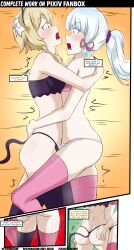 absurdres alternate_costume alternate_form ass ass_focus ass_grab aware bare_shoulders blonde_hair blush body_control breast_press breasts cat_ears cat_girl cat_tail dialogue dollification embarrassed english_text fake_tail female_only femsub flower flower_in_hair genshin_impact grey_eyes hug humiliation ina-izumi kamisato_ayaka long_hair lumine_(genshin_impact) midriff open_mouth ponytail short_hair speech_bubble sub_on_sub symmetrical_docking tail text thighhighs thighs white_hair yellow_eyes yuri