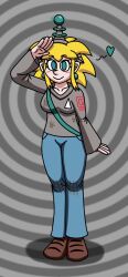  antanny_(frantheflan) antenna blonde_hair blush clothed drone female_only femsub green_eyes happy_trance hypnotic_accessory jacket jeans original saluting short_hair smile solo standing_at_attention supertechno324 tech_control uniform 