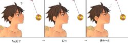 artist_request before_and_after bottomless brown_hair coin comic dazed empty_eyes malesub nude pendulum short_hair text topless translated