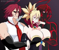  adell ahoge aura bare_shoulders black_eyes blonde_hair breasts choker clothed corruption demon_girl disgaea disgaea_2 dual_persona eye_color_change femdom glowing_eyes hair_color_change heterosexual huge_breasts indioweeaboo malesub meme possession rozalin short_hair smug tie white_eyes zenon 