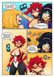 black_hair blonde_hair bodysuit bouffant cleavage comic earrings eye_mask eyeshadow female_only gloves hair_band kobi94 large_breasts leotard long_hair phone red_hair short_hair speech_bubble text
