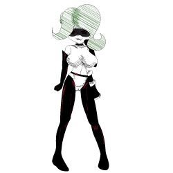  clothed_exposure exposed_chest femsub gloves green_hair happy_trance idpet monochrome nintendo nipples nude octoling_girl pussy reverse_bunnysuit smile splatoon tech_control thighhighs visor 