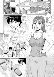 breasts gensou_kyoukai hard_translated large_breasts long_hair monochrome mother_and_son ponytail tagme text translated