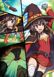 ass ass_focus before_and_after belt blush boots brown_hair cameltoe collar comic cyber dress female_only femsub fingerless_gloves flat_chest gloves jewelry kono_subarashii_sekai_ni_shukufuku_wo! megumin_(konosuba) open_mouth red_eyes short_hair solo surprised thighhighs underwear witch_hat