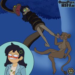 amphibia barefoot black_hair blush bondage coils disney foot_licking furry jacket jungle kaa kaa_eyes licking lion_girl lip_biting marcy_wu nala ordeper_arts short_hair signature smile snake tail the_jungle_book the_lion_king tongue tongue_out trees yellow_eyes