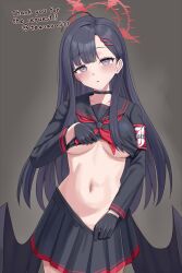  ahoge arm_bands black_hair blue_archive blush breasts bugmenotencore_(translator) choker clothed collarbone dazed empty_eyes english_text eyebrows_visible_through_hair female_only femsub gloves grey_background grey_eyes hair_clips hair_ornament halo hard_translated ichika_(blue_archive) large_breasts long_hair midriff navel school_uniform short_skirt simple_background skirt solo standing tea_(teaaaaa511) text translated underboob undressing uniform 