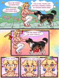 bestiality blonde_hair clothed coiledize comic dialogue dog english_text femsub happy_trance hypnotic_penis kaa_eyes knotted_penis long_penis nintendo non-human_penis ping princess princess_peach smile super_mario_bros. trigger