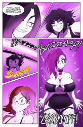  black_hair choker cleavage comic dialogue gacha_gotcha goth gothification hair_color_change hair_covering_one_eye kobi94 large_breasts lilith_(gacha_gotcha) long_hair pale_skin purple_hair red_hair rift_(gacha_gotcha) short_hair short_skirt speech_bubble text 