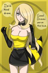  bare_legs bee_girl belt blonde_hair breasts cleavage collar collarbone cynthia dialogue expressionless eyeshadow female_only femsub hair_covering_one_eye hy2300 large_breasts nintendo open_mouth opera_gloves pokemon pokemon_diamond_pearl_and_platinum short_skirt simple_background skirt solo speech_bubble spiral_background spiral_eyes standing symbol_in_eyes text very_long_hair 