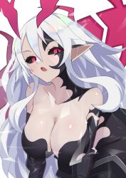 alternate_costume alternate_hair_color aura bare_shoulders black_sclera body_markings breasts cleavage corruption disgaea disgaea_5 facial_markings femsub insect large_breasts leaning_forward liezerota liezerota_dark long_hair looking_at_viewer maledom octpus open_mouth possession purple_eyes slit_pupils void_dark white_hair