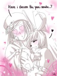  blush breast_grab breasts charm_(spell) cleavage dazed elphelt_valentine english_text femdom femsub gloves groping guilty_gear hat heart heart_eyes humor large_breasts lisvanpiece millia_rage open_clothes sketch symbol_in_eyes text tongue tongue_out white_background yuri 
