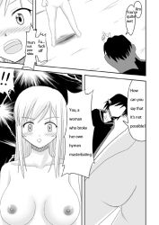 ass blush body_control bottomless breasts comic elf_ears faceless faceless_male femsub greyscale hard_translated kan_no_koori large_breasts long_hair maledom monochrome no_eyes nude original short_hair standing standing_at_attention text topless translated unhappy_trance