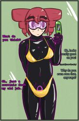  arms_behind_back bikini bodysuit bulge collarbone drill_hair drone eyebrows_visible_through_hair female_only femsub glowing golden_swimsuit happy_trance heart long_hair mirror null_bulge phone purple_eyes red_hair selfie smile solo spiral tech_control teto_kasane text trance_delightful visor vocaloid 