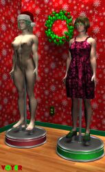  3d barefoot bottomless breasts brown_hair christmas dress female_only femsub green_hair hat human_furniture large_breasts mannequin multiple_girls one_bar_prison original santa_hat short_hair standing standing_at_attention statue topless voyer 
