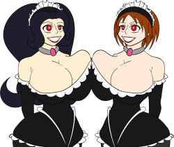 black_hair breast_press breasts brown_hair chloe_(super_weird_one) cleavage collar curvy eia_(super_weird_one) empty_eyes female_only femsub glowing_eyes happy_trance huge_ass huge_breasts hypnotic_accessory hypnotic_eyes lipstick long_hair maid maid_headdress original pale_skin red_eyes red_lipstick short_hair smile super_weird_one superweirdman tech_control thick_thighs white_background wide_hips