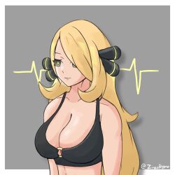  blonde_hair bra breasts cleavage cynthia female_only femsub glowing glowing_eyes happy_trance hypnotic_accessory large_breasts long_hair nintendo pokemon pokemon_diamond_pearl_and_platinum smile underwear zires 