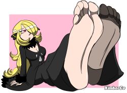 absurdres barefoot blonde_hair breasts cleavage cynthia feet female_only femsub foot_focus hypnotic_eyes kimberco nintendo pink_eyes pokemon pokemon_diamond_pearl_and_platinum simple_background solo spiral_eyes transparent_background