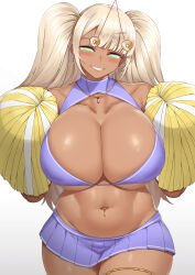  bent_over blonde_hair blush breasts cheerleader cho!cho! cleavage coin dark_skin earrings exposed_chest femsub glowing_eyes happy_trance huge_breasts jewelry large_breasts large_hips long_hair looking_at_viewer manip midriff misterman4_(manipper) necklace original pendulum piercing skirt smile spiral_eyes symbol_in_eyes tagme twintails 