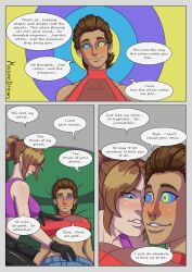  absurdres bare_shoulders blue_eyes border brown_hair cleavage cleavage_cutout comic dialogue disney english_text female_only femdom femsub gloves happy_trance isabelle_(kaunedraws) kaa_eyes kaune_(kaunedraws) kaunedraws leggings nose_ring original piercing ponytail shorts signature smile speech_bubble tagme text the_jungle_book 