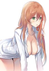 all_fours breasts cleavage drool empty_eyes girls_frontline green_eyes large_breasts m1903_springfield_(girls_frontline) manip open_shirt red_hair