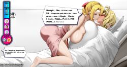 aerith_gainsborough bed bimbofication blonde_hair breast_expansion changer_(character) closed_eyes female_only femsub final_fantasy final_fantasy_vii kissing large_breasts masturbation original simple_background sixmi34 speech_bubble text topless torn_clothes yuri