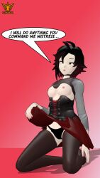 3d absurdres breasts breasts_outside femdom femsub latinkaixa open_clothes ruby_rose rwby text