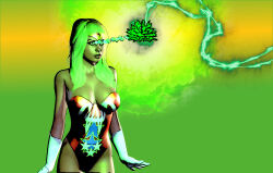  bare_shoulders beam blonde_hair breasts cleavage crystal dazed electricity expressionless female_only femsub gloves green_background headband leotard long_hair original solo standing super_hero ultra_woman vice63 western 