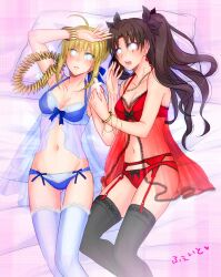 ahoge blonde_hair breasts brown_hair dazed expressionless fate/stay_night fate_(series) femsub glowing glowing_eyes hypnotic_accessory large_breasts lingerie long_hair manip petal_(manipper) rin_tohsaka saber see-through short_hair thighhighs twintails underwear