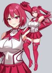  bangs bare_shoulders before_and_after breasts character_request female_only gloves grey_background jewelry magical_girl opera_gloves red_eyes red_hair short_hair simple_background skirt smile solo thigh_boots thighhighs yozora_leon18 
