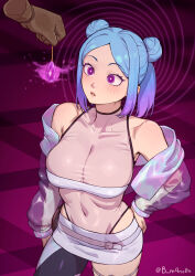  absurdres arm_warmers bare_shoulders belted_skirt blue_hair breasts cleavage collarbone crystal femsub hair_buns hand_on_hip huge_breasts large_hips m4ns0n midriff miniskirt original pendulum phantom_hand purple_eyes reflection reflection_(irontale96) ring_eyes see-through short_hair short_skirt skirt spiral super_hero symbol_in_eyes text thick_thighs tomboy watermark 