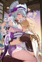 aether_(genshin_impact) ai_art breast_sucking breasts femdom genshin_impact head_in_breasts hypnotic_eyes hypnotic_voice malesub mizuki_yumemizuki sleeping