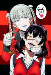 ai_art black_hair blue_eyes blue_lipstick blush bow braid earrings english_text eyepatch female_only femdom femsub happy_trance hellsing002_(generator) jewelry kakegurui kirari_momobami midari_ikishima nail_polish piercing platinum_blonde_hair purple_lipstick ribbon school_uniform speech_bubble tongue uniform yellow_eyes