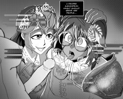  animal_ears braid breasts clothed cum dark_skin dress earpiece erection femdom femsub final_fantasy final_fantasy_xiv freckles glasses gradient_background grey_background hair_ornament hand_on_head hypnotic_accessory large_breasts large_penis leaning_forward long_hair majinsfw nipples open_mouth penis short_hair shoulder_pads simple_background smile sphene_alexandros_xiv spiral spiral_eyes symbol_in_eyes text tongue tongue_out 