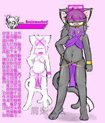 cat_girl chinese_text dark_skin drool expressionless femsub furry hypnotic_clothing original purple_eyes standing text veil