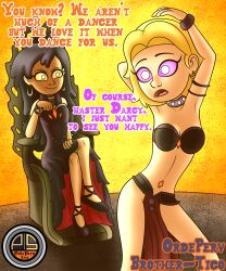  altered_perception amphibia arms_above_head black_hair bracelet chair collar crossed_legs dancing dialogue disney dress earbuds earrings english_text harem_outfit jewelry long_hair marcy_wu midriff orange_eyes ordeper_arts possession purple_eyes sasha_waybright sequence shoes short_hair signature simple_background sitting smug text the_core_(amphibia) 