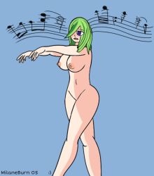  blue_eyes bottomless breasts empty_eyes expressionless femsub green_hair milaneburn05 music nipples nude open_mouth simple_background tagme topless zombie_walk 