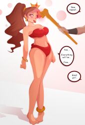  aladdin_(series) bikini cara_(bewitchingcara) disguised_hypnotist harem_outfit original spiral_eyes spiralwash_eyes staff text 